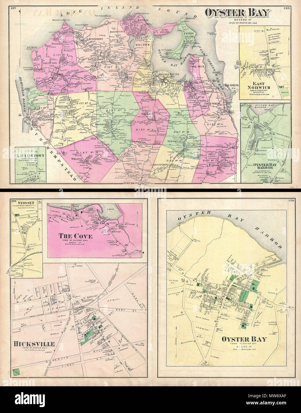 . Oyster Bay, Queens Co. - Oyster Bay, Town of Oyster Bay, Queens Co. - Hicksville, Town of Oyster Bay.  English: A scarce example of Fredrick W. Beers’ map of the Oyster Bay, Long Island, New York. Published in 1873. Oyster Bay side of map sheet covers from Hempstead Harbor eastward as far as Cold Spring Harbor. Bounded on the north by the Long Island Sound. Extends southward as far as Jericho. Inset maps depict Lattingtown, East Norwich, and Oyster Bay Harbor. Detailed to the level of individual buildings and properties. Includes the Northport and the Glen Cove Branches of the Long Island Ra Stock Photo