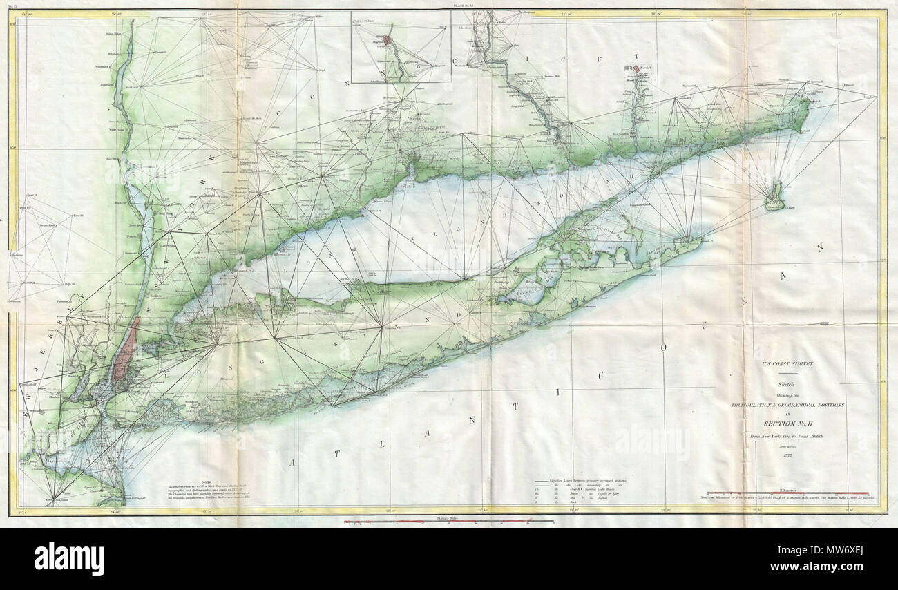 . Sketch Showing the Triangulation & Geographical Positions in Section No. II From New York City to Point Judith.  English: This is an attractive 1877 U.S. Coast Survey triangulation chart or nautical map of Long Island, New York. Covers from Staten Island and New York City eastward along Long Island and the coast of Connecticut to Block Island and Point Judith. . 1877 (dated)  10 1877 U.S. Coast Survey Map of Long Island and New York City - Geographicus - LongIsland-uscs-1877 Stock Photo