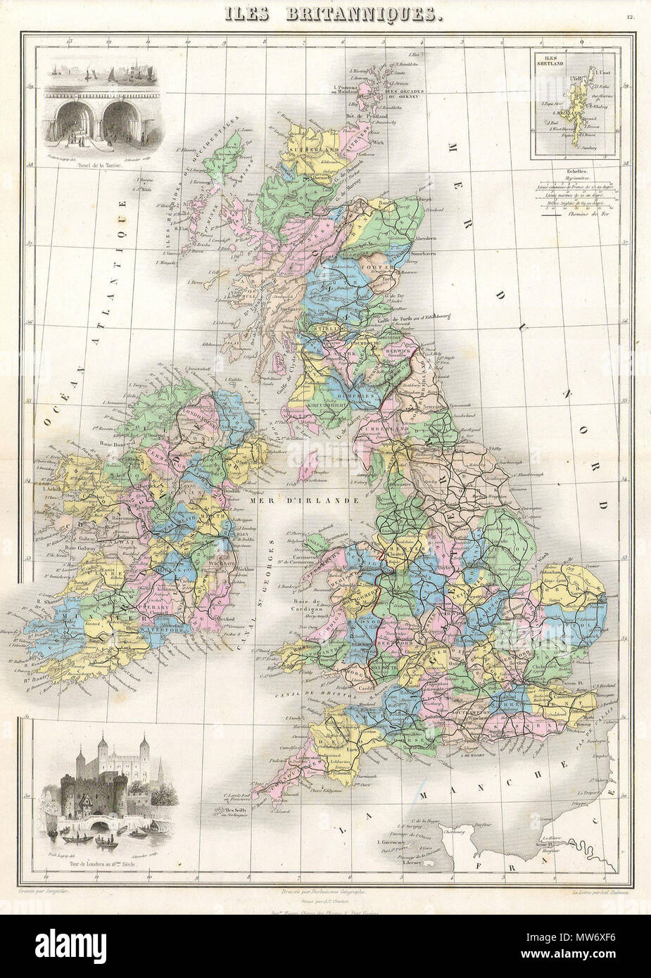 . Iles Britanniques.  English: This hand colored map of the British Isles is a steel plate engraving, dating to 1878 by the well regarded French cartographer Migeon. It includes England, Scotland, Ireland and Wales. Migeon’s Geographie Universelle, published in Paris, is one of the last fine atlases produced in the 19th century. It contains many stylistic elements of early 19th century cartography such as full hand coloring, numerous decorative vignettes, and high quality low acid paper. . 1878  10 1878 Migeon Map of the British Isles ( England, Ireland, Scotland ) - Geographicus - BritishIsle Stock Photo