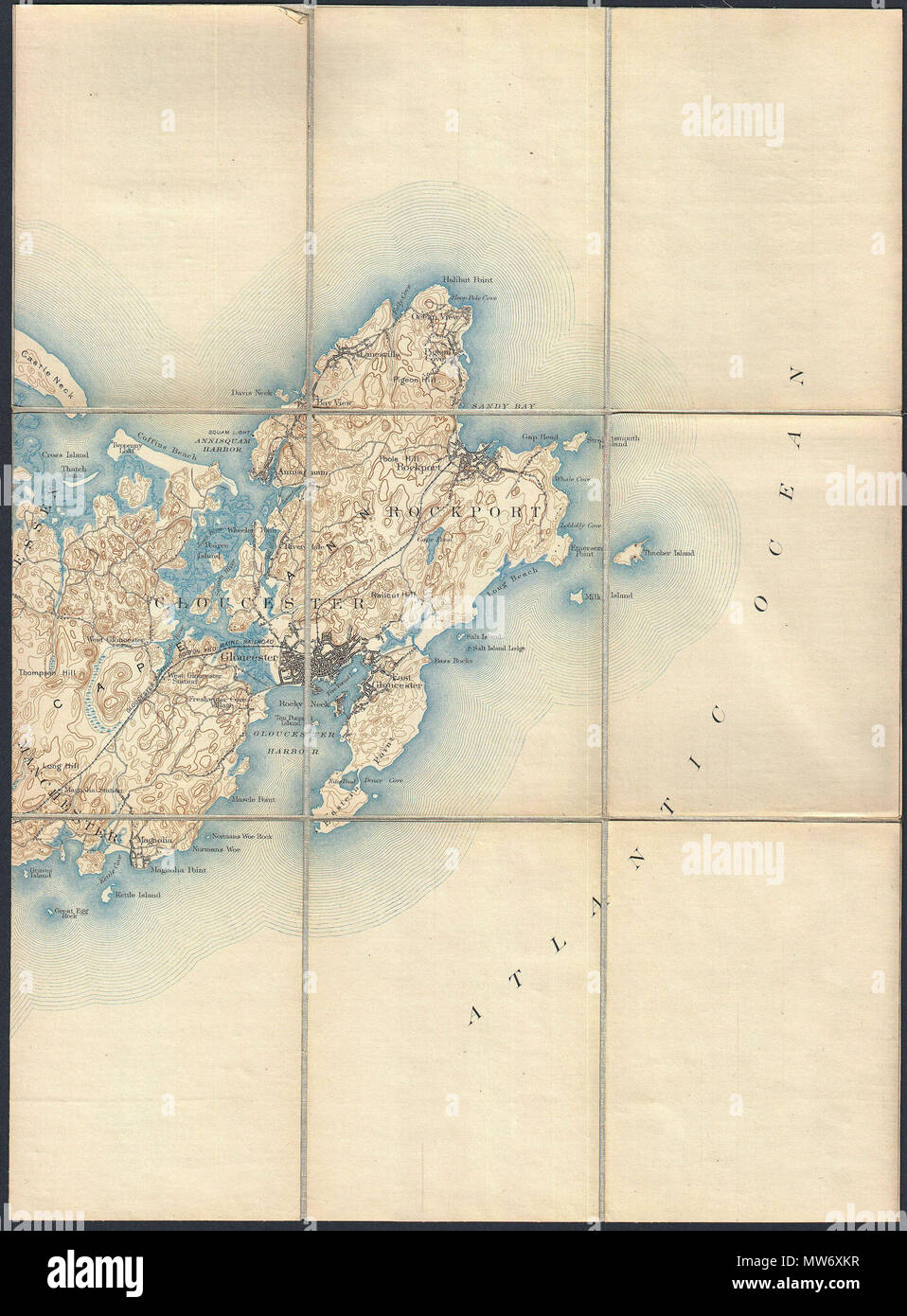 . Massachusetts Muskeget Sheet.  English: This is a rare example of the c. 1887 U.S. Geological Survey map of Cape Ann. Extends eastward from Manchester and Essex to include Gloucester, Rockport, Lanesville and Annisquam. Offers copious topographical detail as well as some submarine detail as well as towns, railroads, and some individual buildings. This map was originally dissected and mounted on linen by the Old Corner Book Store of 27-29 Bromfield Street, in Boston Massachusetts. . 1887 (undated)  11 1887 Pocket Map Version of the U.S. Geological Survey Map of Gloucester and Rockport, Massac Stock Photo