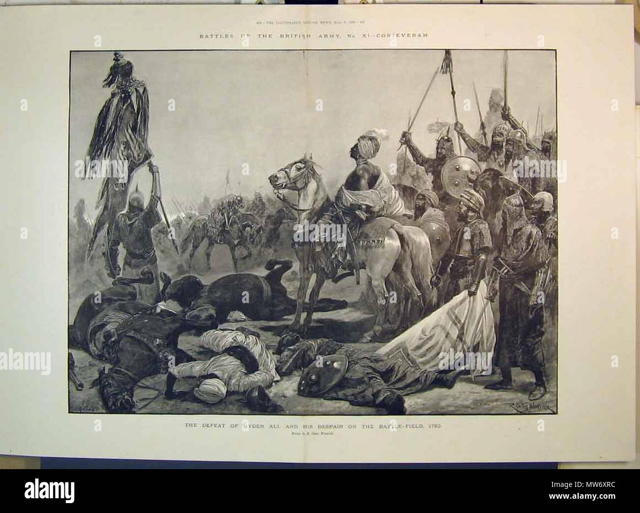 . English: Old Antique Historical Victorian Prints Maps and Historic Fine Art ----------. 1895 Battles British Army Defeat Hyder Ali Dead Field Double Page From The Illustrated London News An Illustrated Weekly Newspaper. Date As Shown On Top Of Page Or In Title. Genuine Clearance As Purchased From An Old Antique Print Dealer. From A Quality Lot Purchased At Auction. Bargain Clearance Sale Up To 90%%%% Off. Size Approx Inches 23 X 16 (590X410). All Are Genuine Antique And Not Modern Copies . 1895. Page From The Illustrated London News An Illustrated Weekly Newspaper 11 1895 Battles British Arm Stock Photo