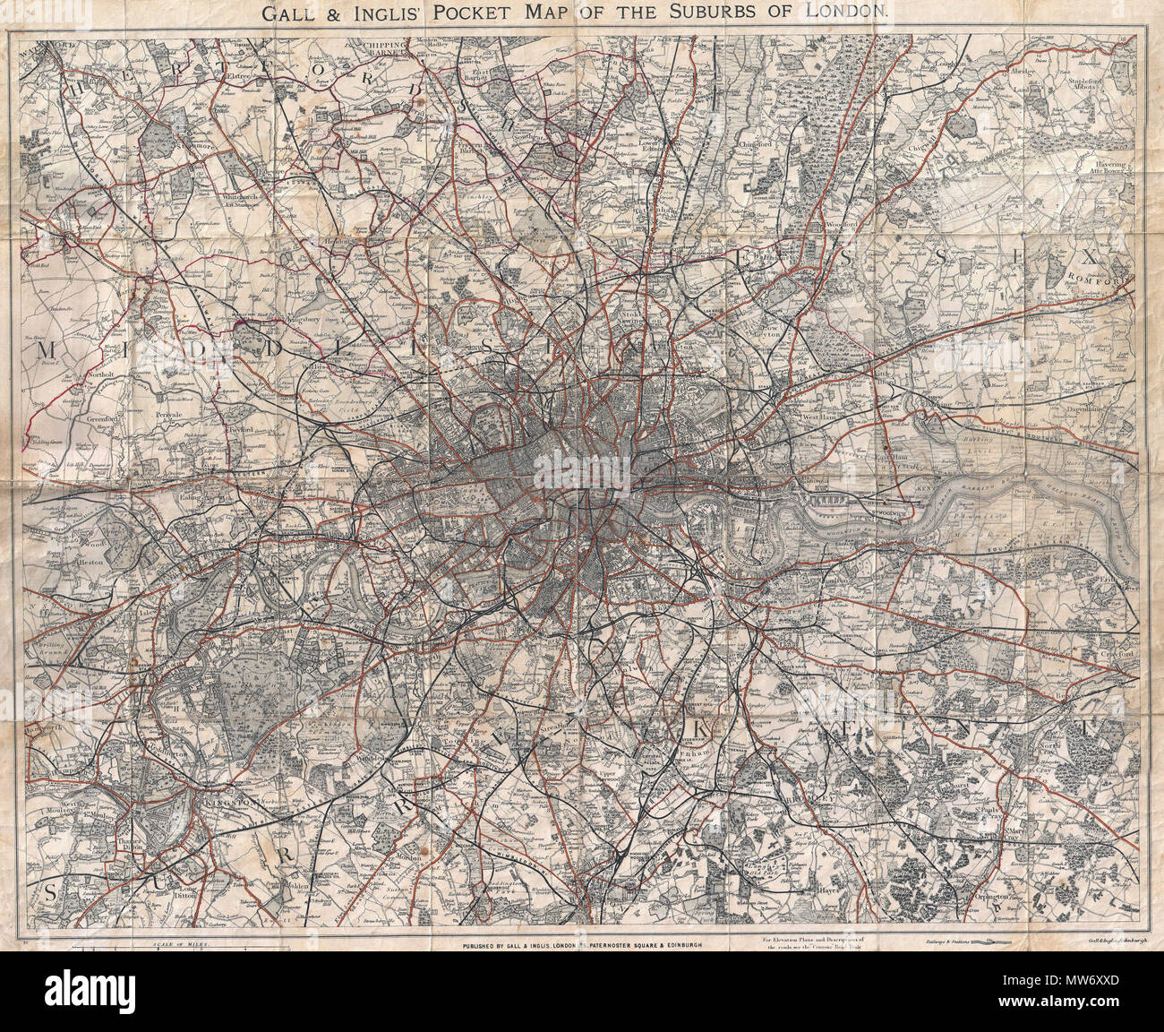 . Gall & Inglis' Pocket Map of the Suburbs of London.  English: This is an attractive map of London, England, and its suburbs by Gall and Inglis. Dates to around the turn of the century (1900). Map offers considerable, even to the level of individual buildings. Labels important towns, stations, parks, and buildings. Cycling routes are laid out in hand applied color. Published by Gall and Inglis from their London office at 25 Paternoster Square. . circa 1900(undated)  11 1900 Gall and Inglis' Map of London and Environs - Geographicus - London-gallinglis-1900 Stock Photo