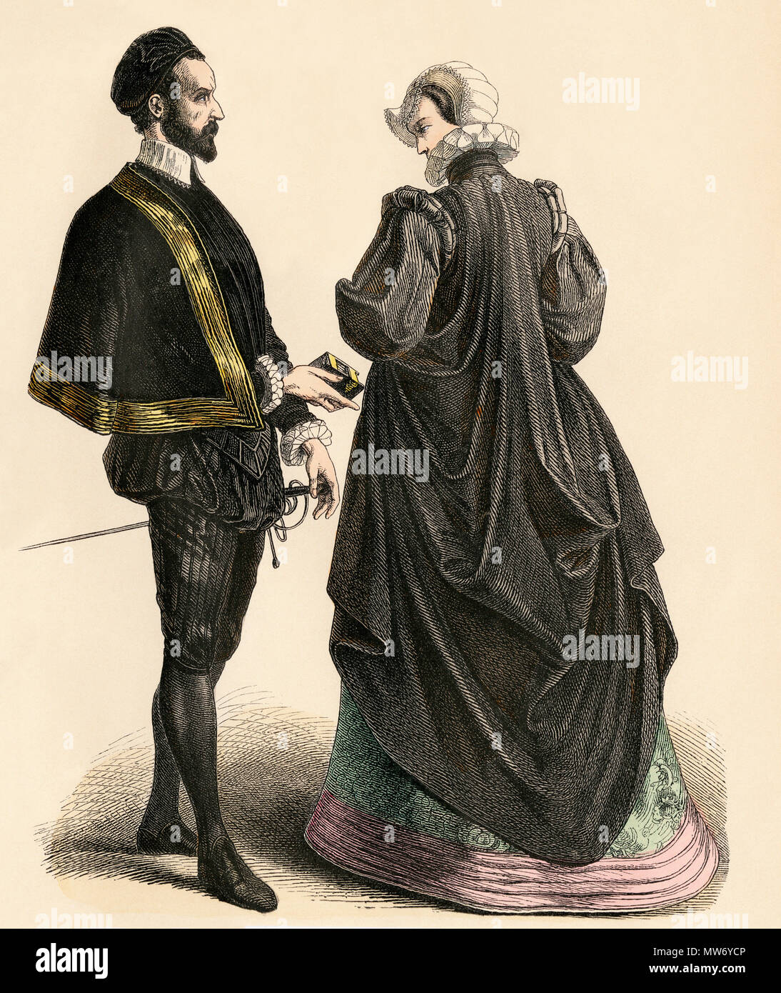 French court dress of the mid-1500s. Hand-colored print Stock Photo