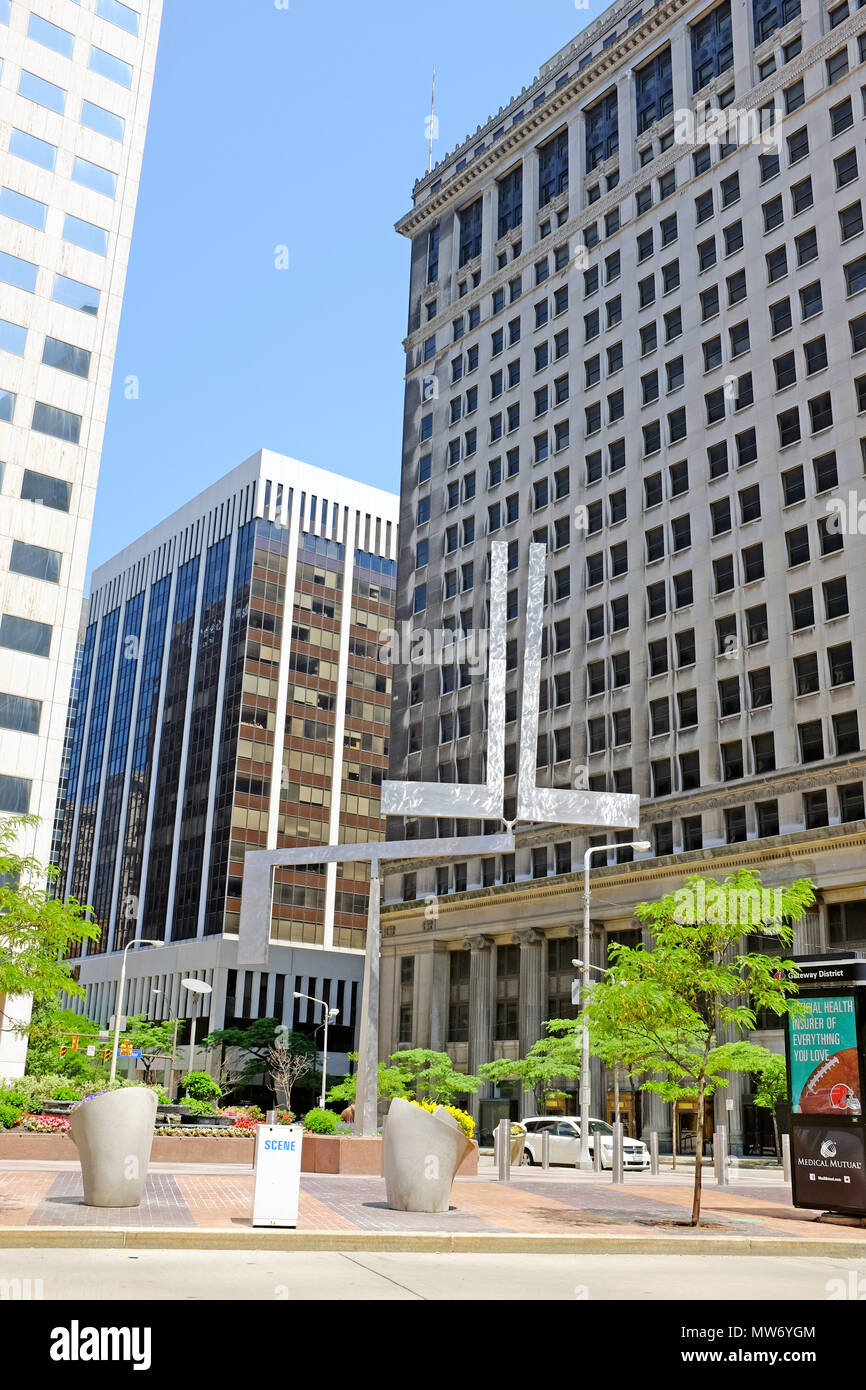 Downtown Cleveland public art includes George Rickeys' kinetic sculpture in PNC Bank Plaza at the corner of Euclid Avenue and East 9th Street. Stock Photo