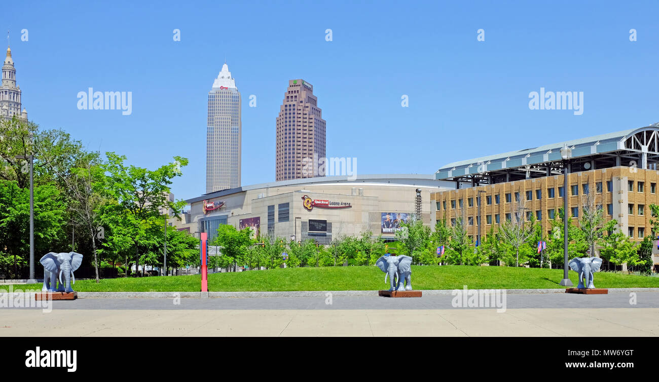 The Cleveland Gateway District in downtown Cleveland Ohio is home to Quicken Loans Arena, home of the Cavs and Progressive Field, home of the Indians. Stock Photo