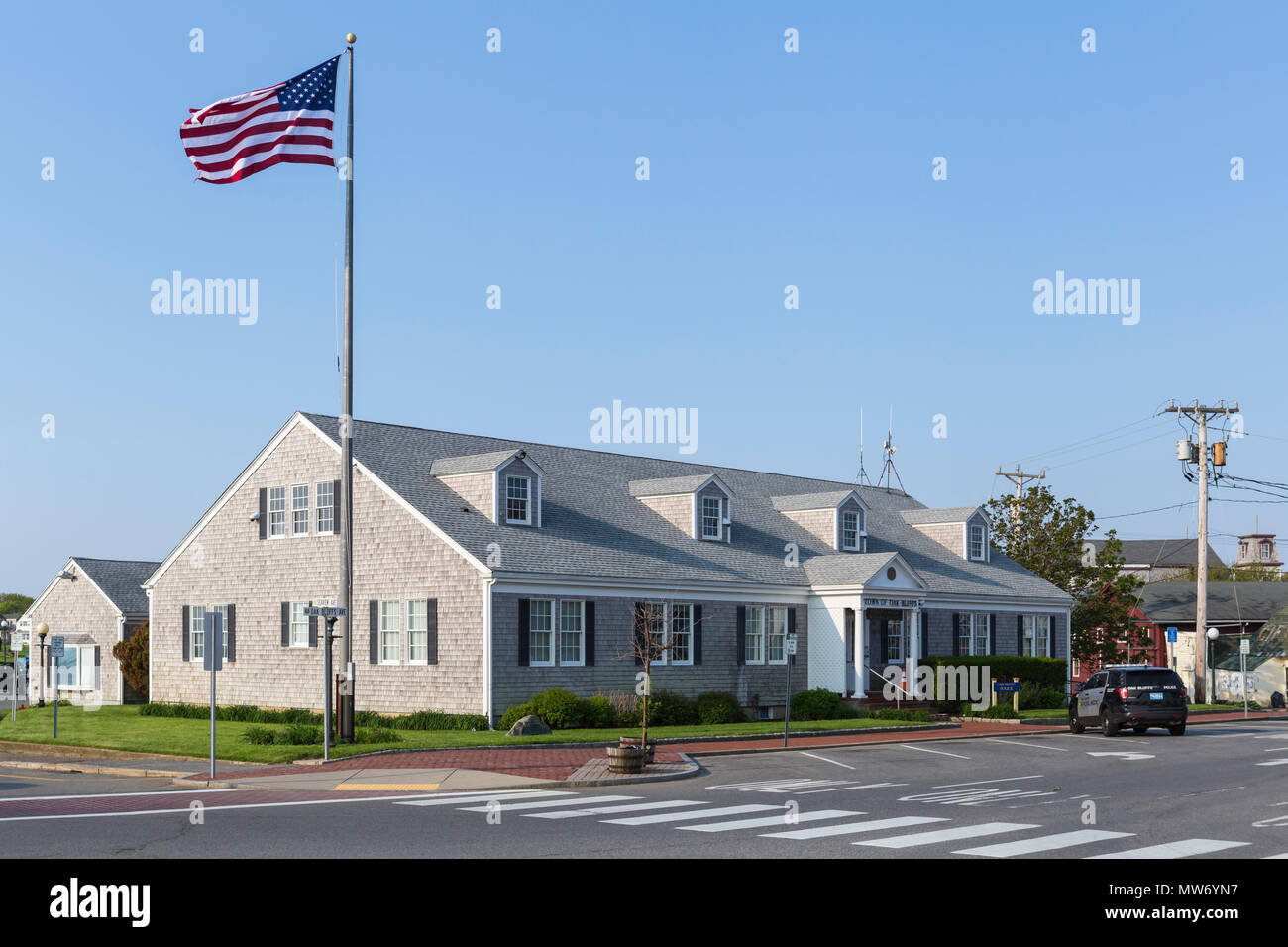 The Everett A. Rogers Municipal Building, housing the Oak Bluffs Police department, in Oak Bluffs, Massachusetts on the island of Martha's Vineyard. Stock Photo