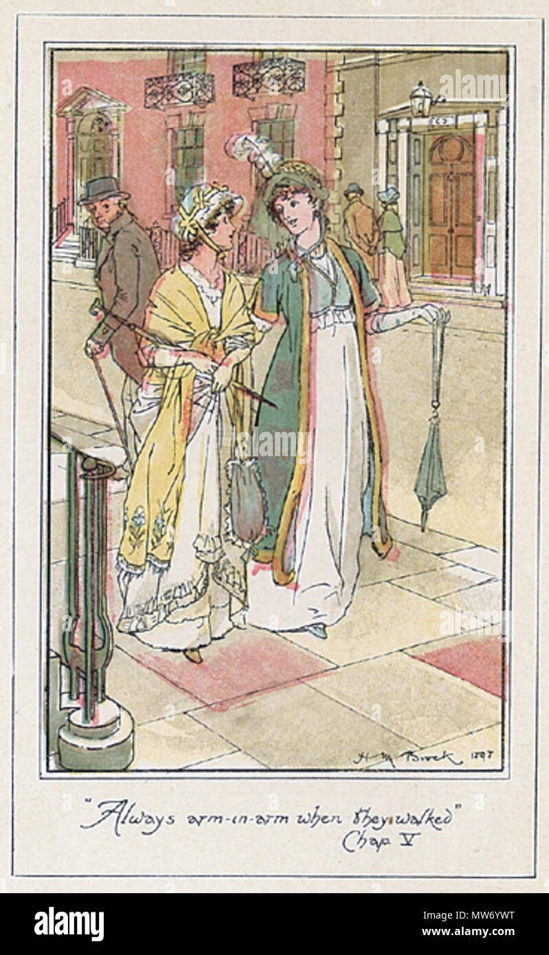 English: Tinted Line Drawing by H.M. Brock for Northanger Abbey, ch.5 :  Catherine and Isabella were always arm in arm when they walked. Français :  Gravure de H.M. Brock pour Northanger
