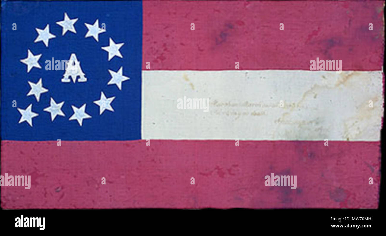 . English: A circle of ten stars appears in this flag, elaborated by an 'A' superimposed over the central and eleventh star. Presumably, the star outside the circle represents Missouri, admitted in August, 1861 by the Provisional Congress. The flag was presented to the unit raised in Jacksonport by William Patterson in the summer of 1861. Ladies of the town distinguished the flag with gold embroidered chain stitch, 'March on! March on! All hearts resolved on victory or death.' This flag was most likely retired when flags in the Hardee pattern were issued to the Army of Central Kentucky in earl Stock Photo