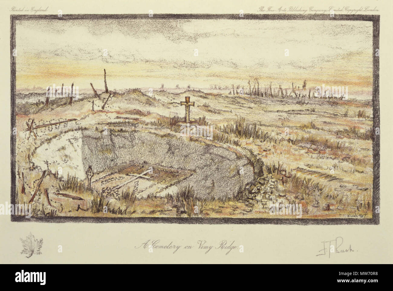 .  English: A Cemetery on Vimy Ridge .  English: This sketch depicts a memorial at the bottom of a shell crater for fallen soldiers of the 2nd Canadian Division during the Battle of Vimy Ridge. . 1917  19 A Cemetery on Vimy Ridge - Frederick Thwaites Bush Stock Photo