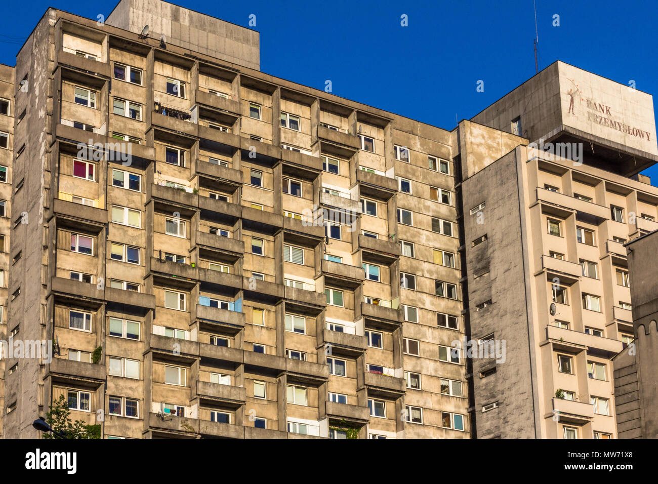 Block of high-rise residential buildings seen from Piotrkowska Street, Lodz, Poland, against a blue sky Stock Photo