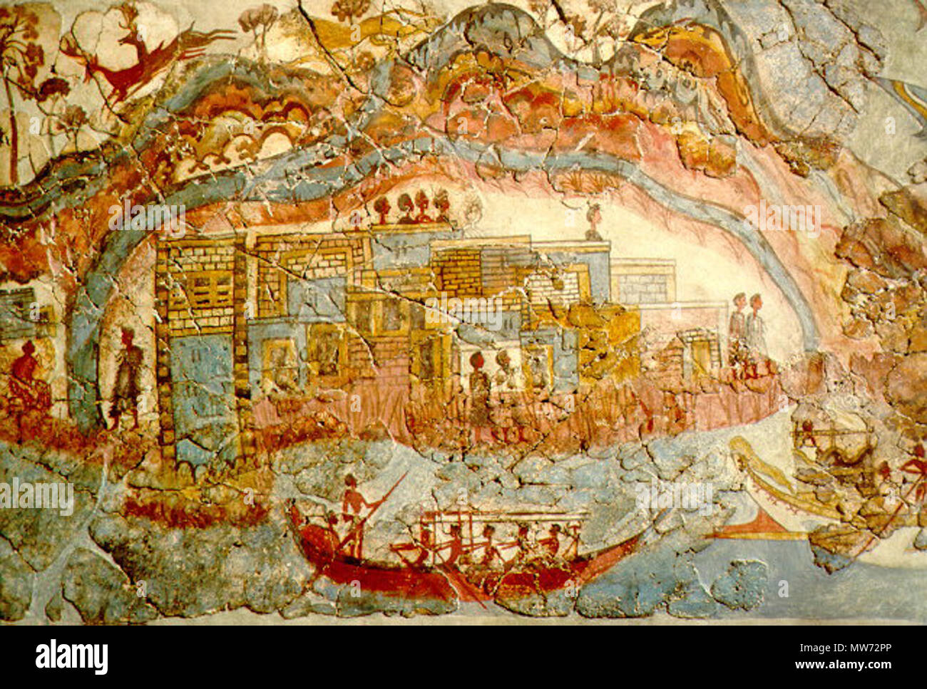 . fresco from the bronze age excavation of Akrotiri, Santorini, Greece. This image shows a cycladic town and boats in its harbour. ~ 1600 B.C.. unknown minoan artist 31 Akrotiri minoan town Stock Photo