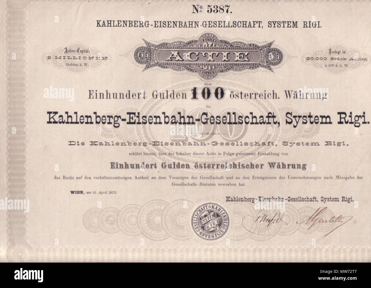 . Deutsch: Aktie im Wert von 100 Gulden der Kahlenberg-Eisenbahn-Gesellschaft, System Rigi, Wien, Österreich English: Stock share in 100 Austrian Gulden of the Kahlenberg-Eisenbahn-Gesellschaft, System Rigi, Vienna, Austria . 15 April 1873. Unknown 31 Aktie-Kahlenbergbahn-1873 Stock Photo