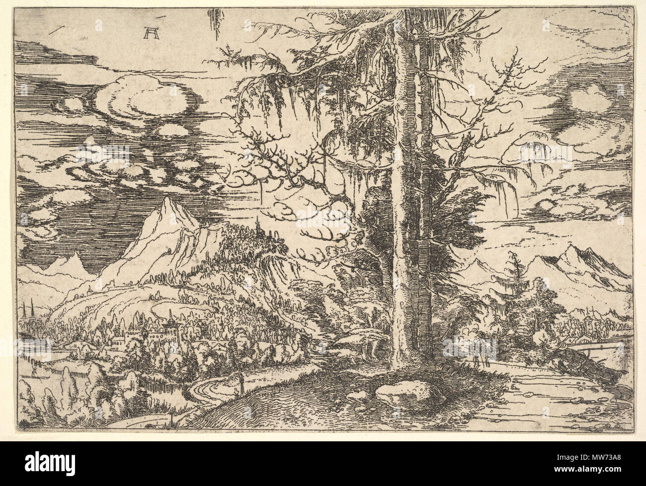 . English: Albrecht Altdorfer - Landscape with a Double Spruce in the Foreground (Metropolitan Museum of Art 1993.1097) . between 1521 and 1522.   Albrecht Altdorfer  (1480–1538)     Description German painter, draughtsman, engraver and architect  Date of birth/death circa 1480 12 February 1538  Location of birth/death Altdorf or Regensburg Regensburg  Work location Regensburg  Authority control  : Q153746 VIAF: 100221829 ISNI: 0000 0001 2145 2119 ULAN: 500031250 LCCN: n50053721 NLA: 35003981 WorldCat 33 Albrecht Altdorfer - Landscape with a Double Spruce in the Foreground (Metropolitan Museum Stock Photo