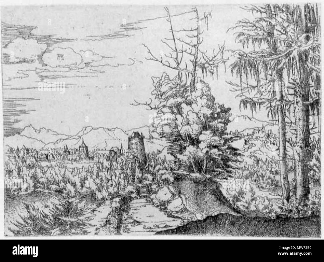 . English: Albrecht Altdorfer - Landscape with Two Spruces . 1522.   Albrecht Altdorfer  (1480–1538)     Description German painter, draughtsman, engraver and architect  Date of birth/death circa 1480 12 February 1538  Location of birth/death Altdorf or Regensburg Regensburg  Work location Regensburg  Authority control  : Q153746 VIAF: 100221829 ISNI: 0000 0001 2145 2119 ULAN: 500031250 LCCN: n50053721 NLA: 35003981 WorldCat 33 Albrecht Altdorfer - Landscape with Two Spruces Stock Photo