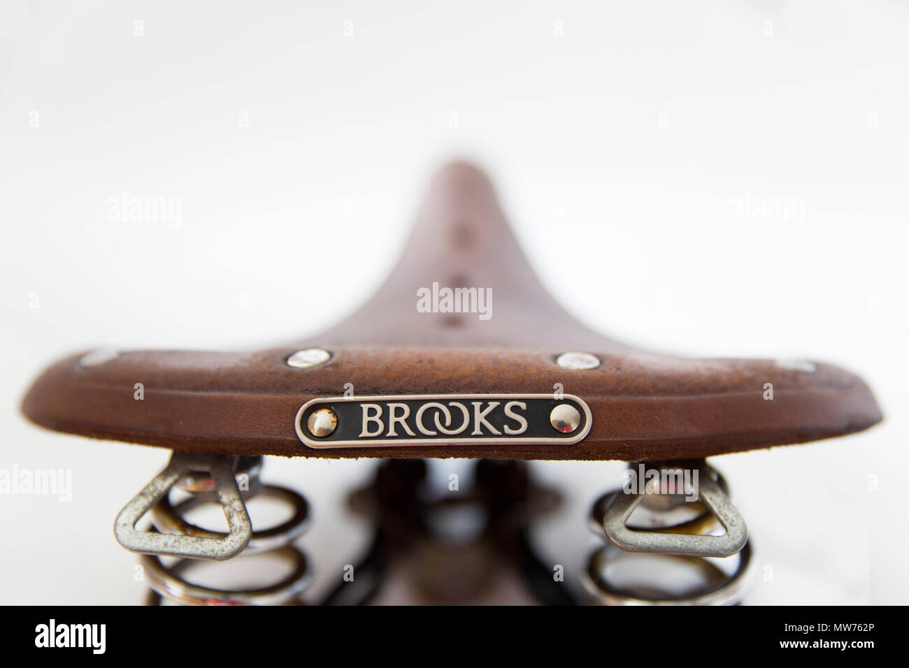 Detail of the vintage Brooks England bicycle saddle Stock Photo