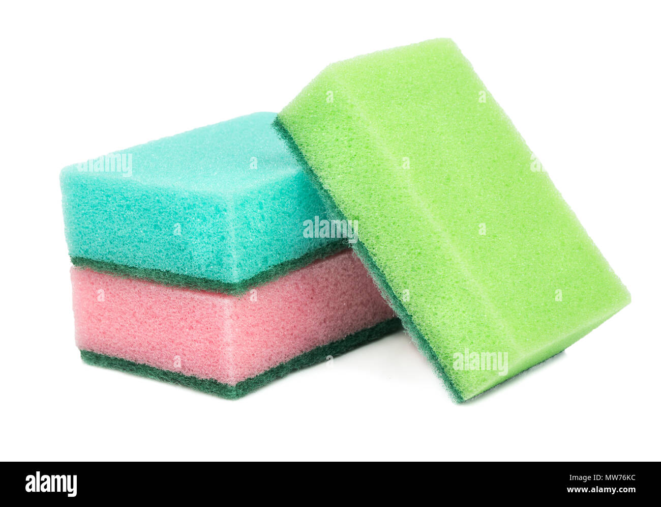 Three colored sponges for washing dishes on white background Stock ...