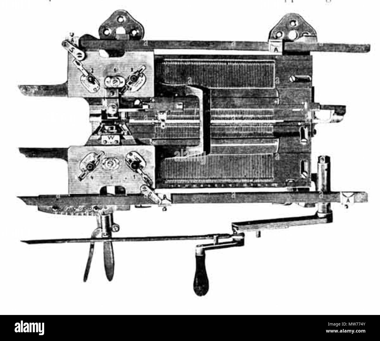 . Deutsch: Erste Flachstrickmaschine für LL-Bindungen (1900) Čeština: Prvni plochy stroj na obourubni pleteniny z roku 1900 . 28 December 2007. http://commons.wikimedia.org/wiki/User:Ryj 2 04b FlachLinksLinksStoll Stock Photo