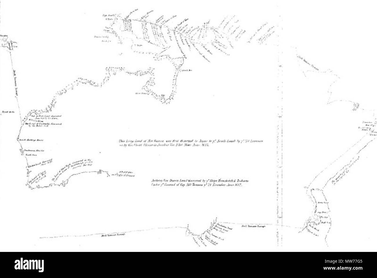 . This is a map showing the track taken by Abel Tasman in 1642. Original map dates to the 17th century; Early Voyages in Terra Australis was published in 1859.. Primarily Abel Tasman; presumably some professional cartographers were involved in production of the final product. 587 Tasman's track Stock Photo
