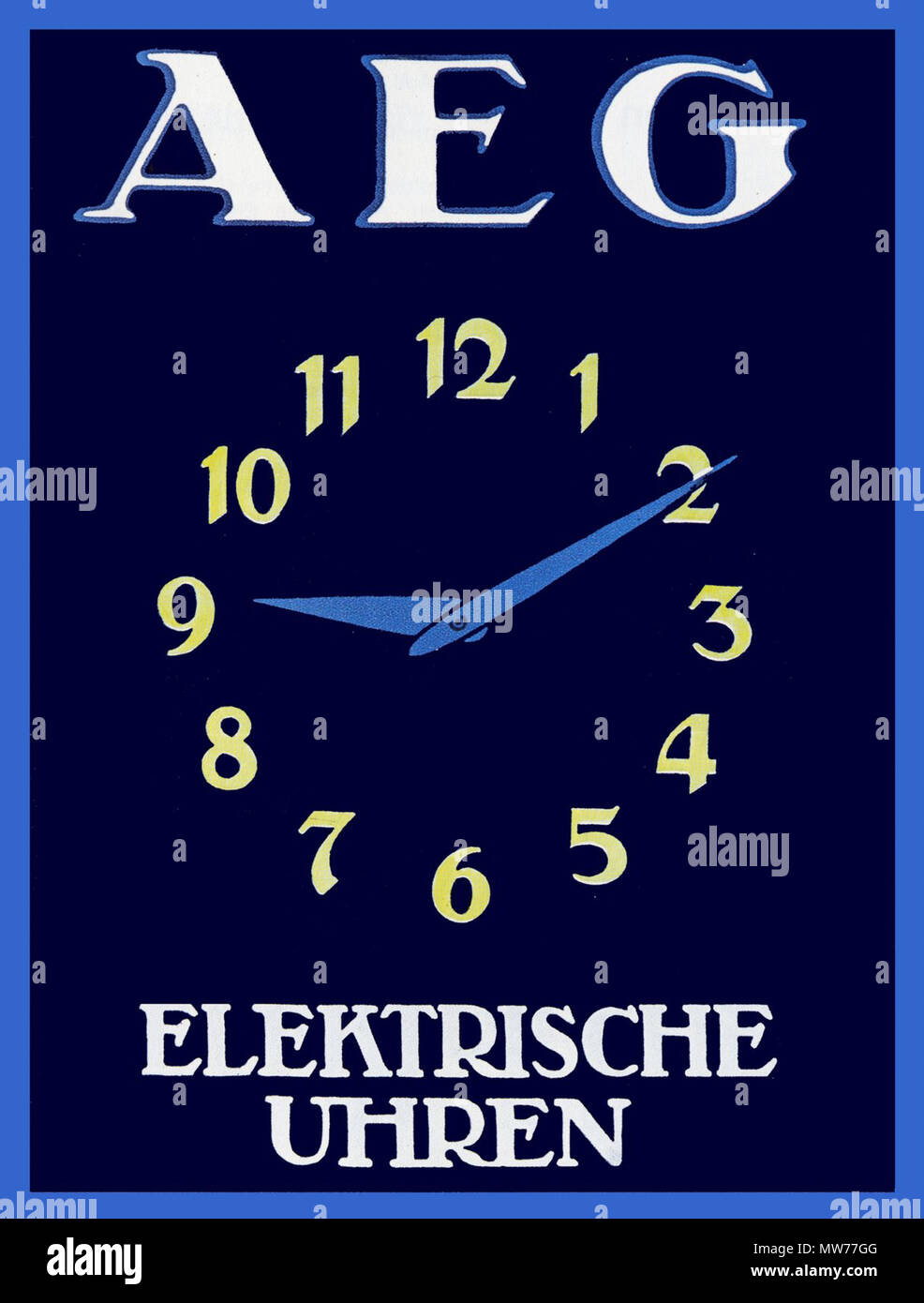 English: Poster made for 'AEG electrical clocks' in 1912 by Louis Oppenheim using the corporate elements of Peter Behrens. 1912. Louis Oppenheim (1879 - 1936) 4 118aeg Stock Photo - Alamy