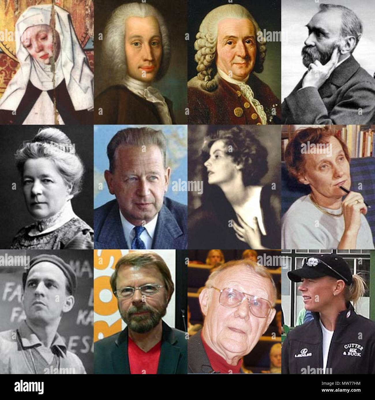 . English: Collage of images representing Swedish people. Top Row (left to right): Bridget of Sweden, Anders Celsius, Carl Linnaeus, Alfred Nobel Second Row (left to right): Selma Lagerlöf, Dag Hammarskjöld, Greta Garbo, Astrid Lindgren Third Row (left to right): Ingmar Bergman, Björn Ulvaeus, Ingvar Kamprad, Annika Sörenstam . 16 January 2010. Lilyserbia 4 12-swedes-version2 Stock Photo