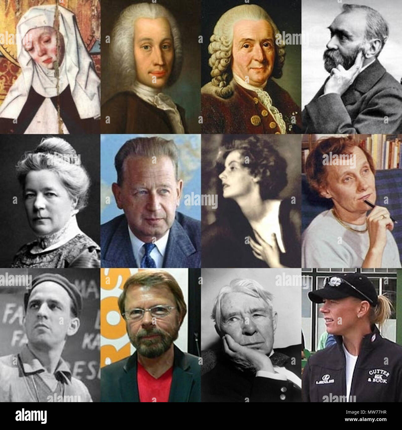 . English: Collage of images representing Swedish people. Top Row (left to right): Bridget of Sweden, Anders Celsius, Carl Linnaeus, Alfred Nobel Second Row (left to right): Selma Lagerlöf, Dag Hammarskjöld, Greta Garbo, Astrid Lindgren Third Row (left to right): Ingmar Bergman, Björn Ulvaeus, Carl Sandburg, Annika Sörenstam . 14 April 2010, 23:55 (UTC).  Lilyserbia 4 12-swedes-version3 Stock Photo