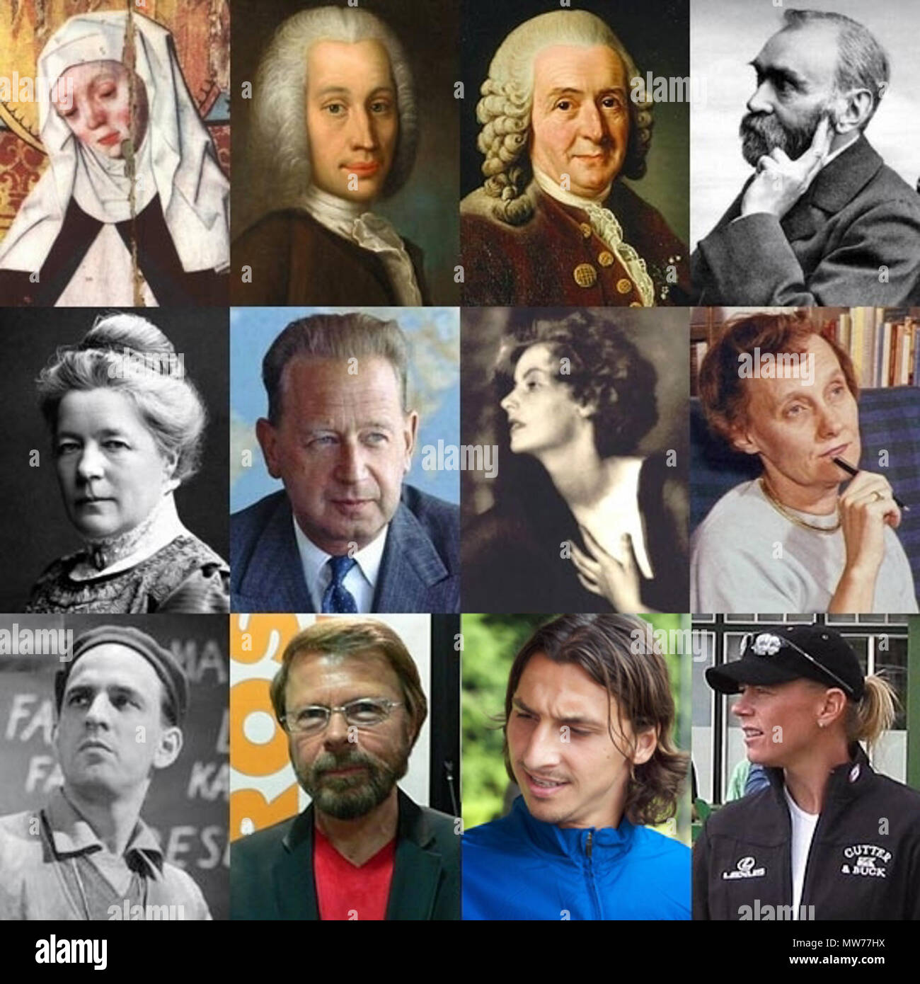 . English: Collage of images representing Swedish people. Top Row (left to right): Bridget of Sweden, Anders Celsius, Carl Linnaeus, Alfred Nobel Second Row (left to right): Selma Lagerlöf, Dag Hammarskjöld, Greta Garbo, Astrid Lindgren Third Row (left to right): Ingmar Bergman, Björn Ulvaeus, Zlatan Ibrahimović, Annika Sörenstam . 15 April 2010, 13:44 (UTC). Lilyserbia 4 12-swedes-version4 Stock Photo