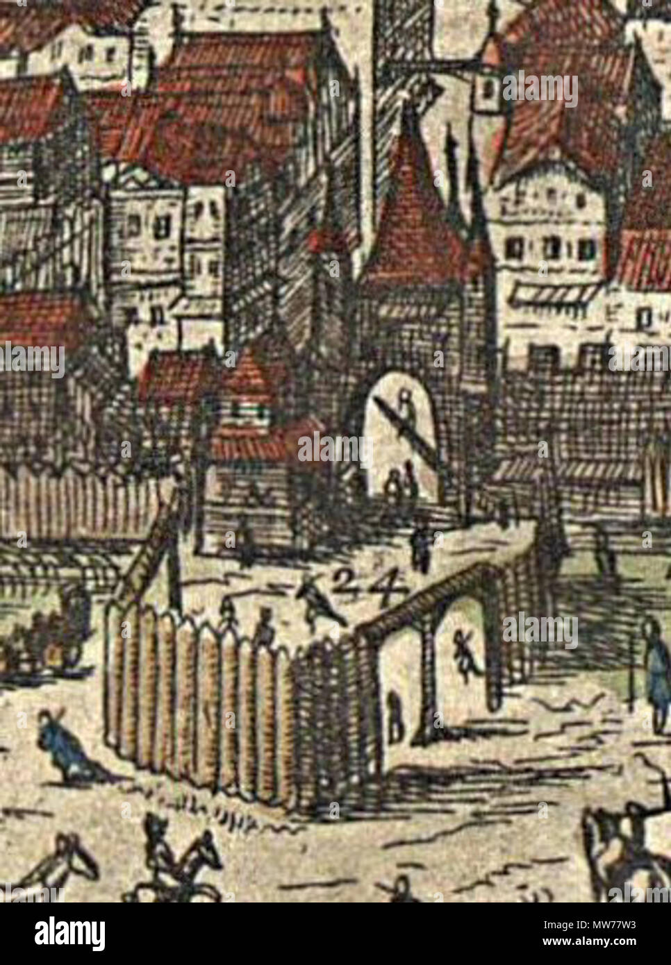 . English: Red Tower, cropped from: Bird's-eye view of Vienna from North. Second, unmodified edition of 1640, based on the first edition of 1609. Title: VIENNA AVSTRIAE Wienn In Oesterreich.  Deutsch: Roter Turm, Ausschnitt aus: Vogelschau auf Wien von Norden. Zweite, unveränderte Ausgabe von 1640, basierend auf der ersten Ausgabe von 1609. Titel: VIENNA AVSTRIAE Wienn In Oesterreich. . 1609 / 1640. Jacob Hoefnagel (1609) / Claes Jansz Visscher (1640) 5 1609-Wien-col-Roter Turm alleine Stock Photo