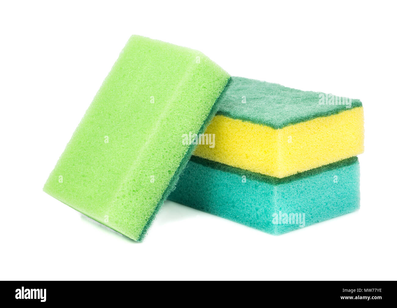 Three colored sponges for washing dishes on white background Stock ...