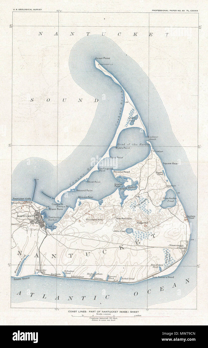 . Coast Lines: Part of Nantucket (Mass.) Sheet .  English: This is an unusual chart of Nantucket, Massachusetts, published c. 1919 by the U.S. Geological Survey. Depicts the western part of the island in incredible detail with even individual buildings noted. This is map is reduction of an early Geological Survey chart of Nantucket issued in 1887. . 1919 (undated)  12 1919 U.S. Geological Survey Map of Nantucket, Massachusetts - Geographicus - Nantucket-USCS-1919 Stock Photo