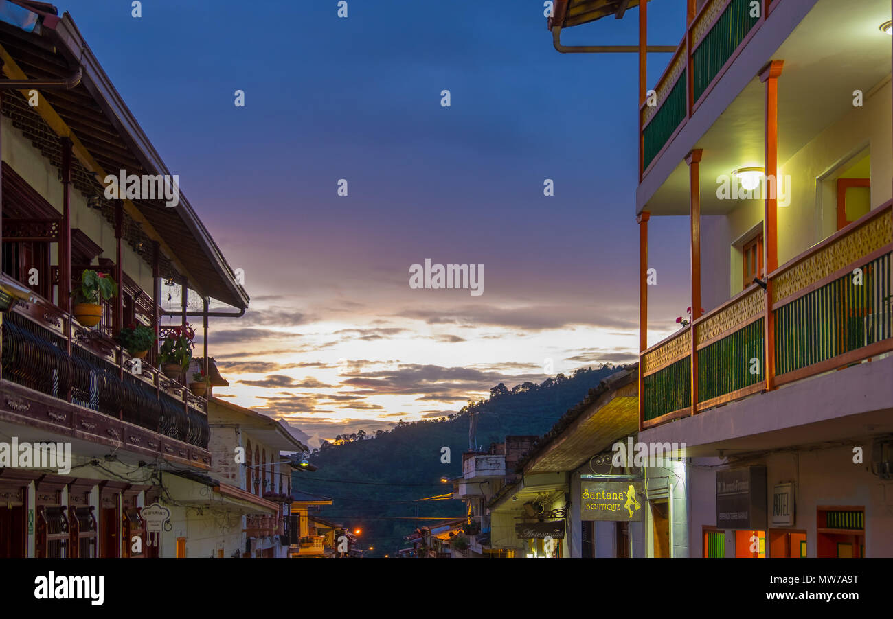 Streets of Jardín, Antioquia, Colombia, at night with the sunset Stock Photo