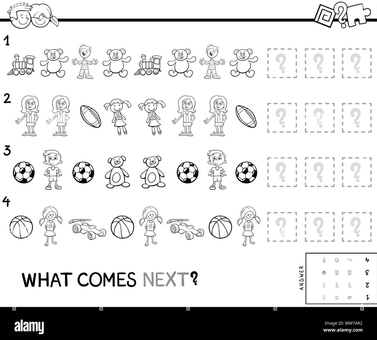Black and White Cartoon Illustration of Completing the Pattern ...