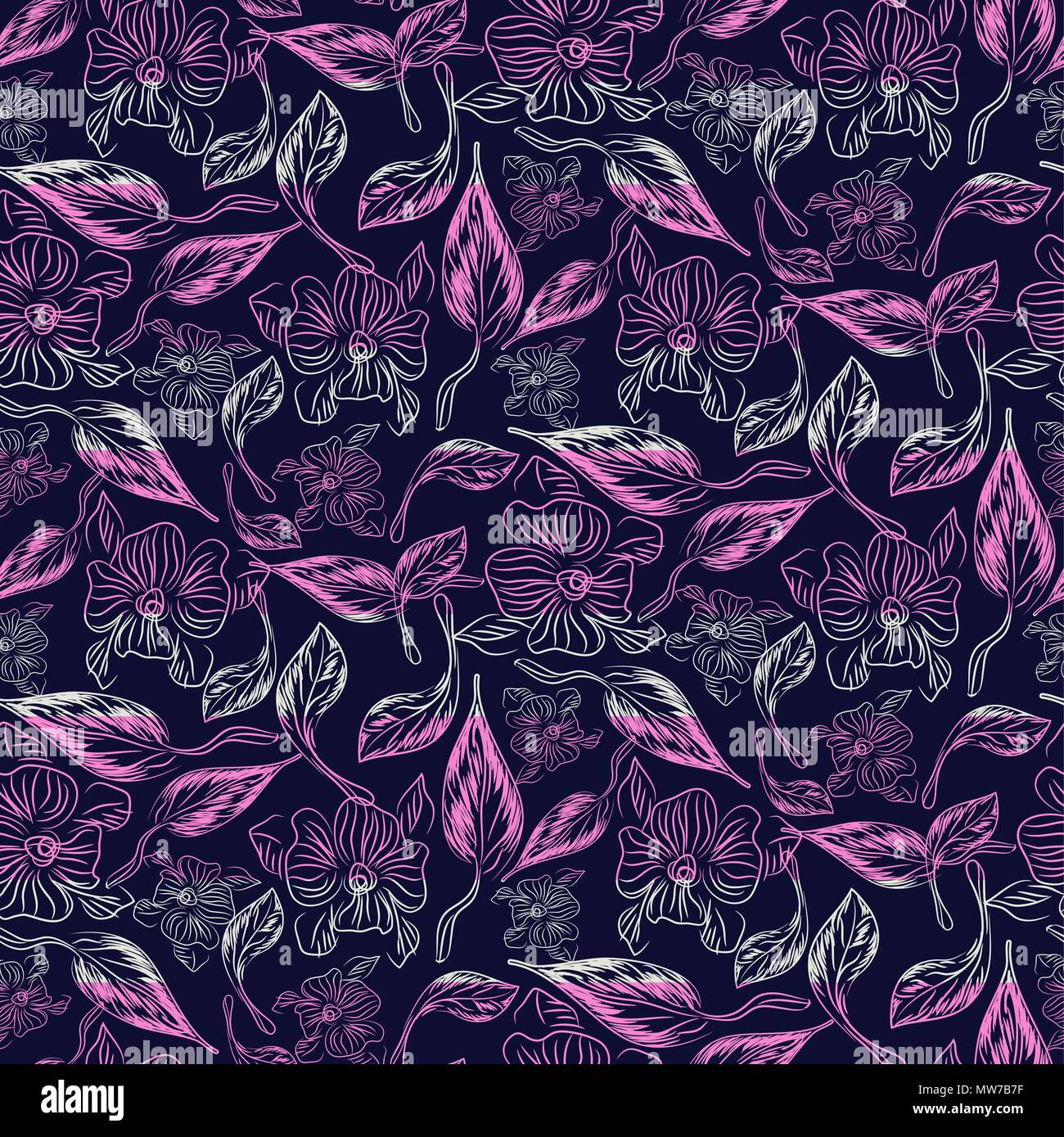 Abstract sketch drawn florals purple seamless vector pattern. Stock Vector