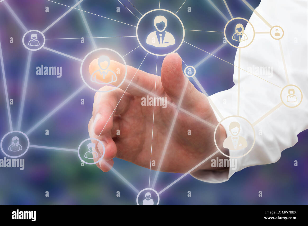 hand of a a businessman touching technology interface with contact icon Stock Photo