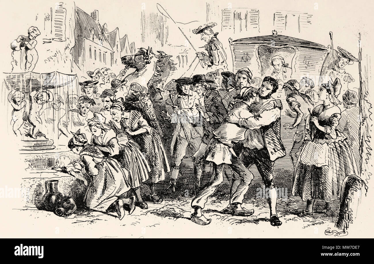 H. K Browne - English Illustrator - 'The Stoppage at the Fountain' by Phiz from 'A Tale of Two Cities' by Charles Dickens. London: Chapman & Hall, 1859. First edition. First state. Stock Photo