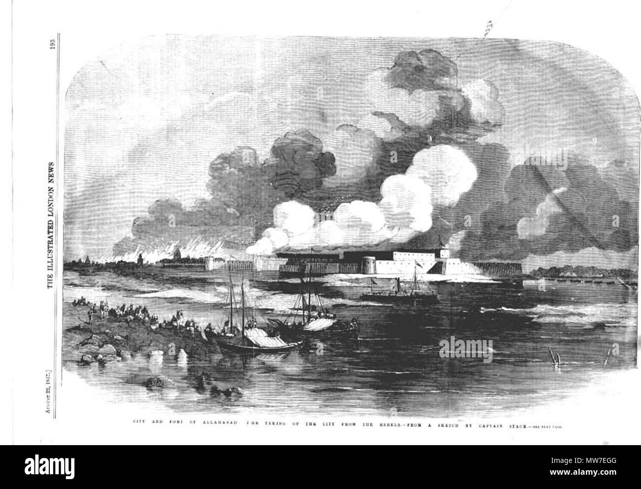 . English: City and Fort of Allahabad: The Taking of the City from the Rebels. From a Sketch by Captain Stace [The recapture of Allahabad]*, 1857  . between 1846 and 1857. Views from the ILLUSTRATED LONDON NEWS and The Graphic (some with later hand coloring, all from ebay auctions): 38 Allahabad1857 Stock Photo