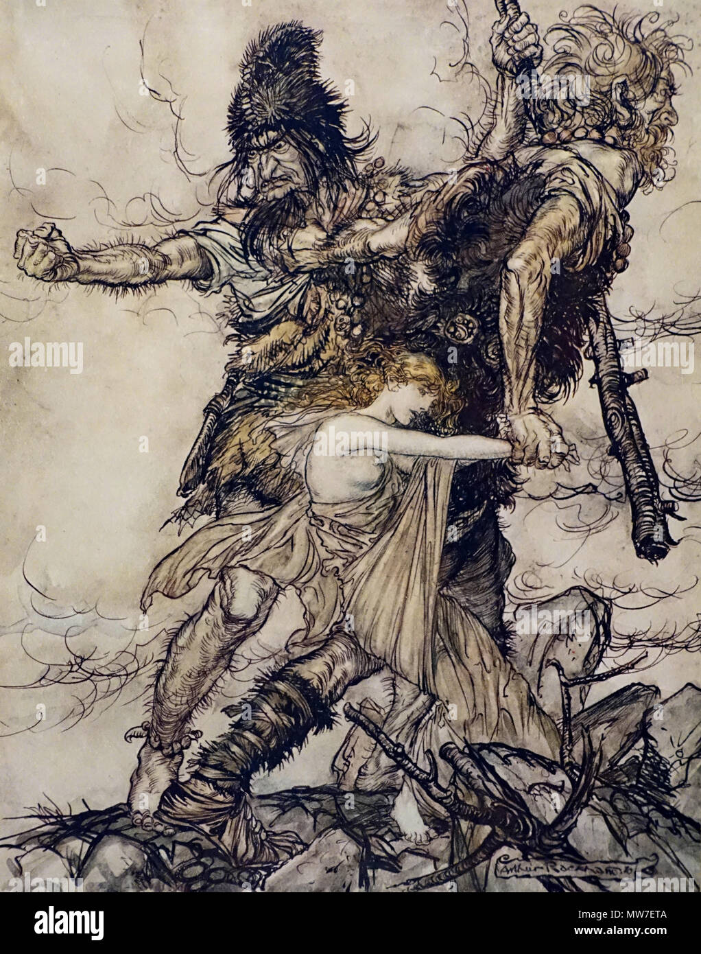 Arthur Rackham - Fasolt suddenly seizes Freia and drags her to one side with Fafner. Stock Photo