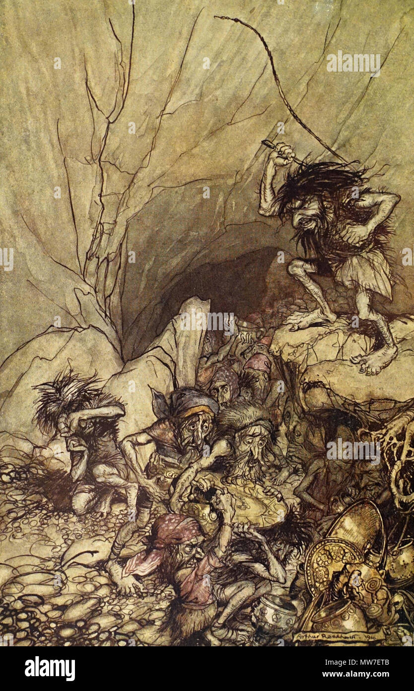 Arthur Rackham - Alberich drives in a band of Nibelungs laden with gold ...