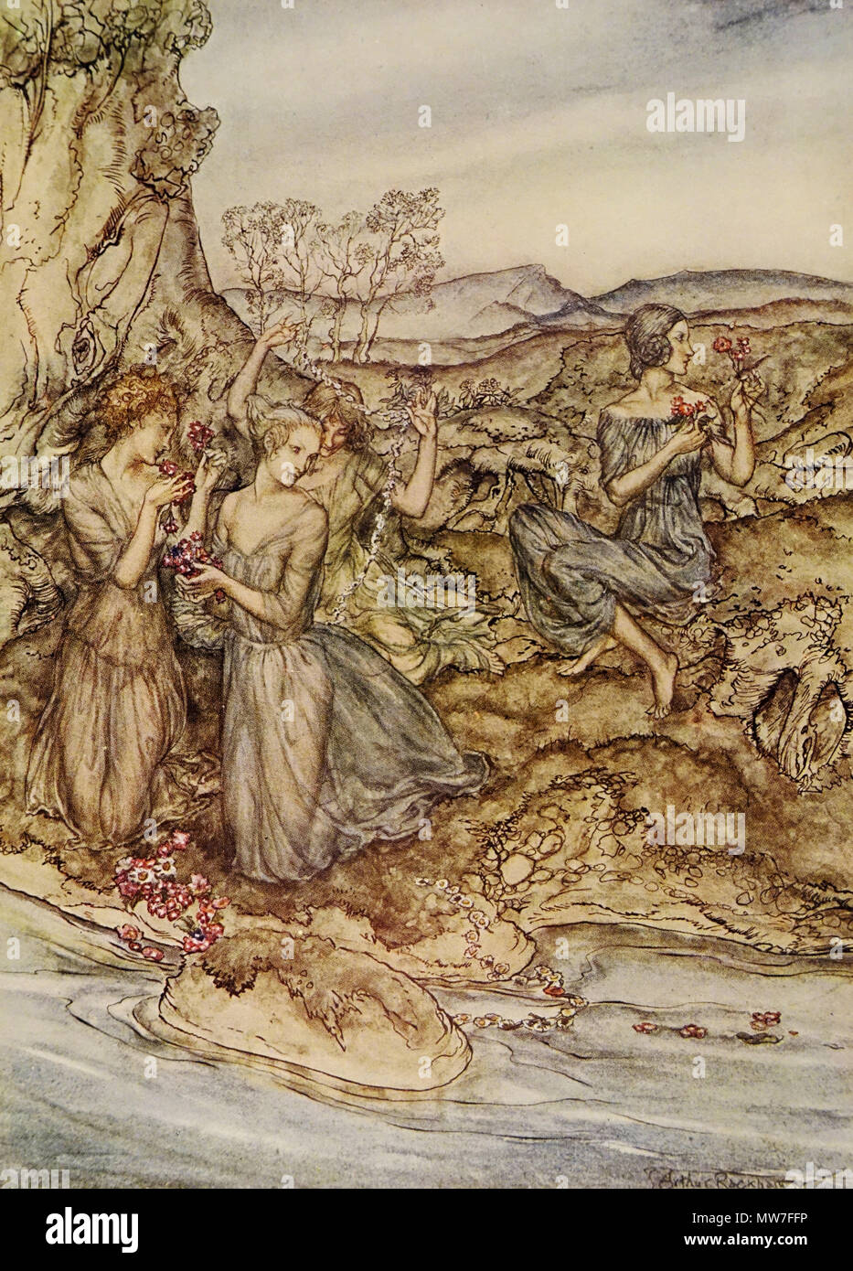 Arthur Rackham - Some beautiful young women sat twining wreaths of ...
