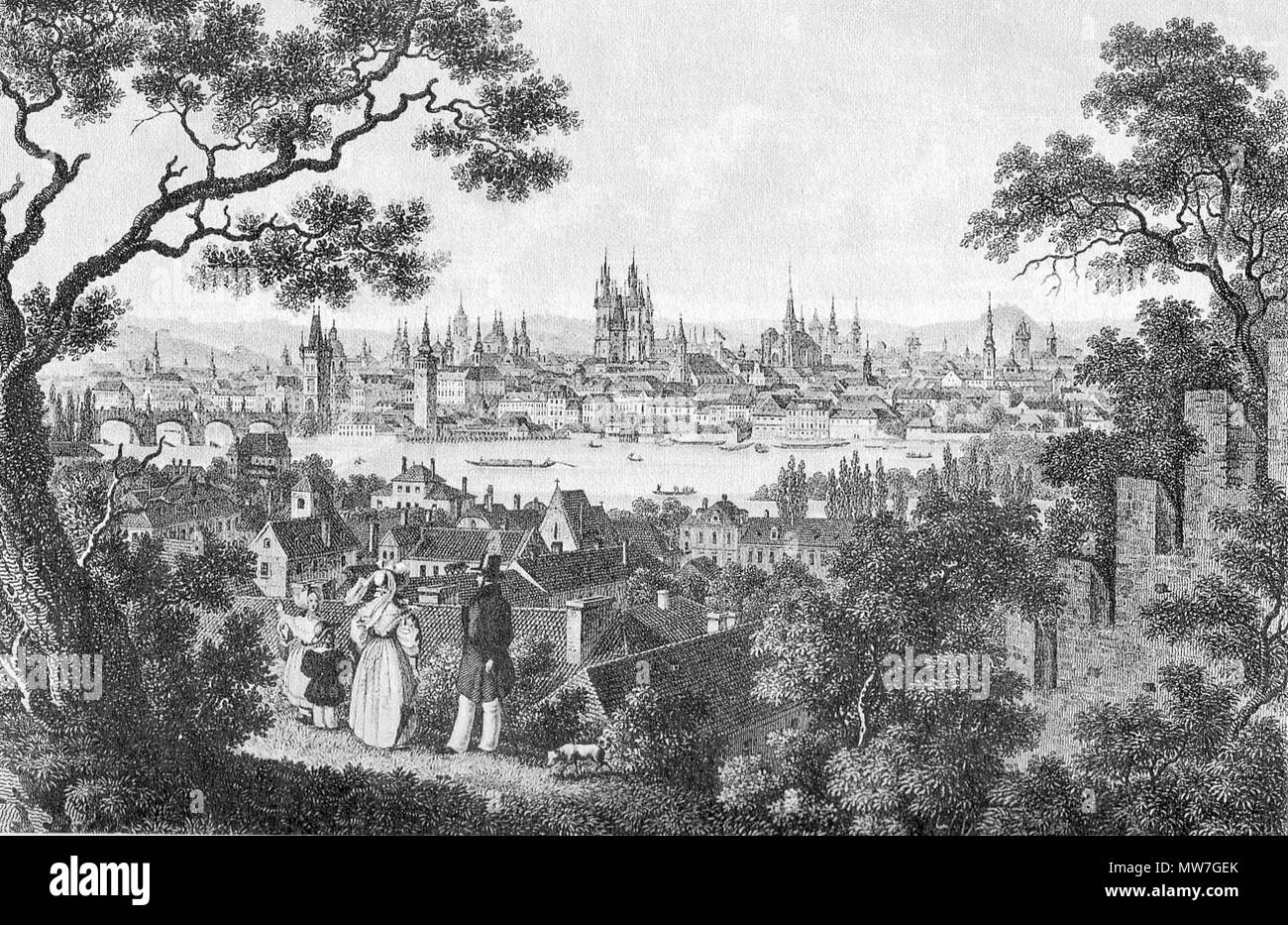 . Historische Ansicht von Prag in Tschechien. Stahlstich. circa 1850. Wilh. Kandler, C. F. Merckel 49 Ansicht Prag um 1850 Stock Photo
