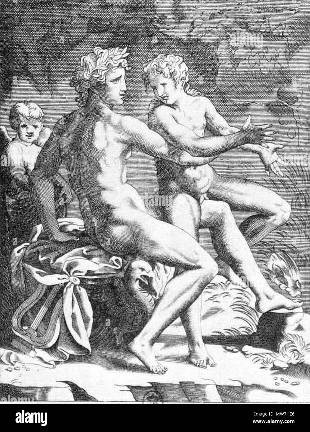. reversed copy after Jacopo Caraglio's engraving, Apollo and Hyakinthus (original engraving: after 1527)   53 Apollo e Giacinto - copia rovesciata da Caraglio, Jacopo (da) - scans - Beurdelay p. 103 Stock Photo
