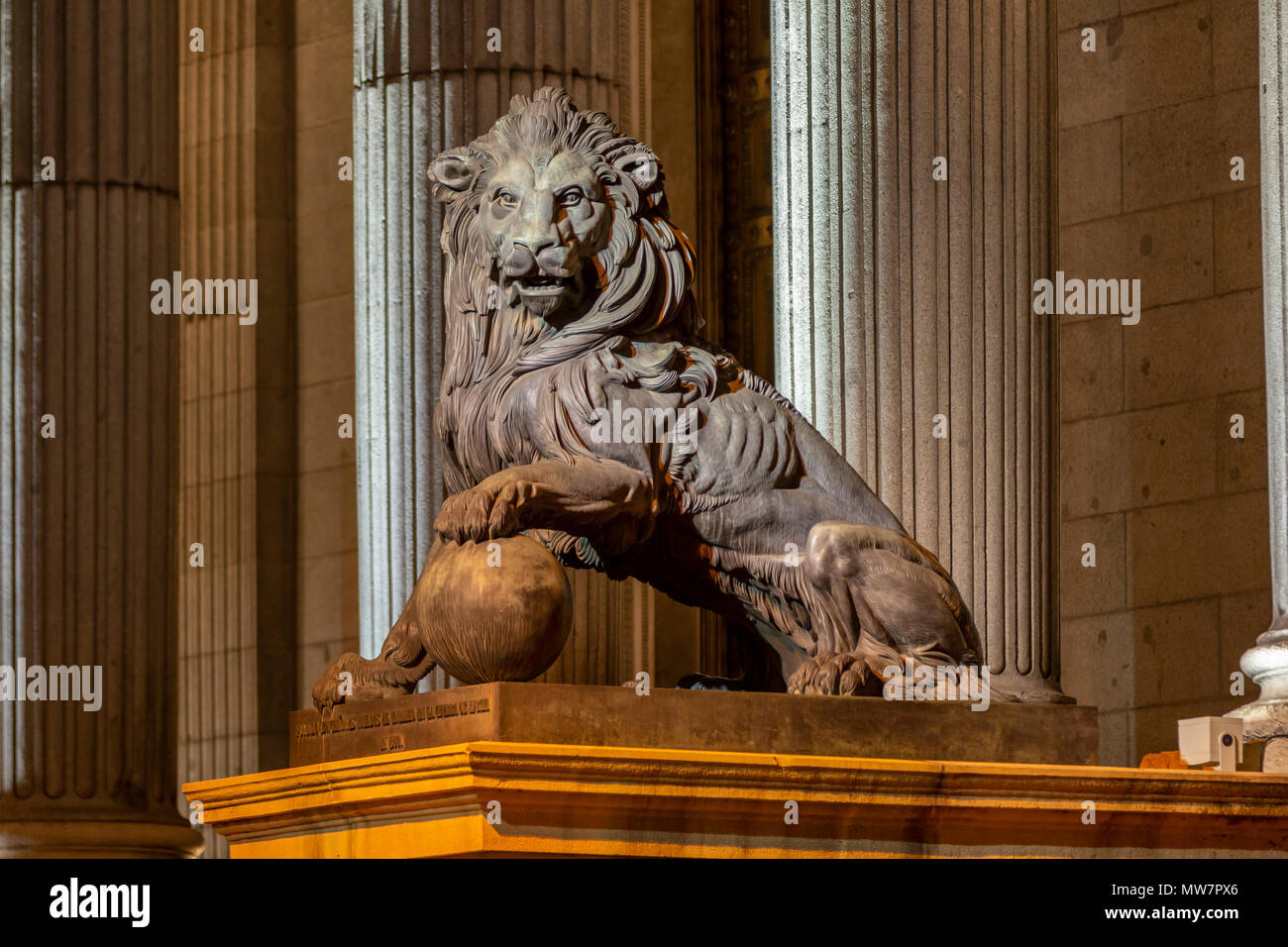 Monument Of Lion Animal With Globe Sitting On Plate In Spanish Congress Of Deputies Madrid Stock Photo Alamy