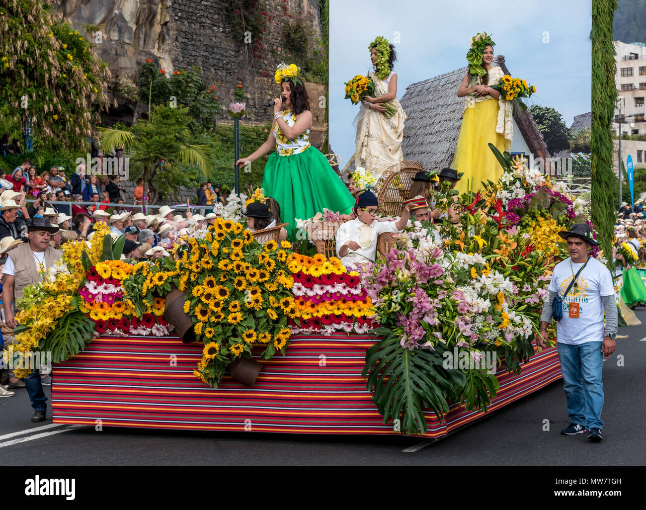 Festival float during the main Madeira Flower Festival parade Stock