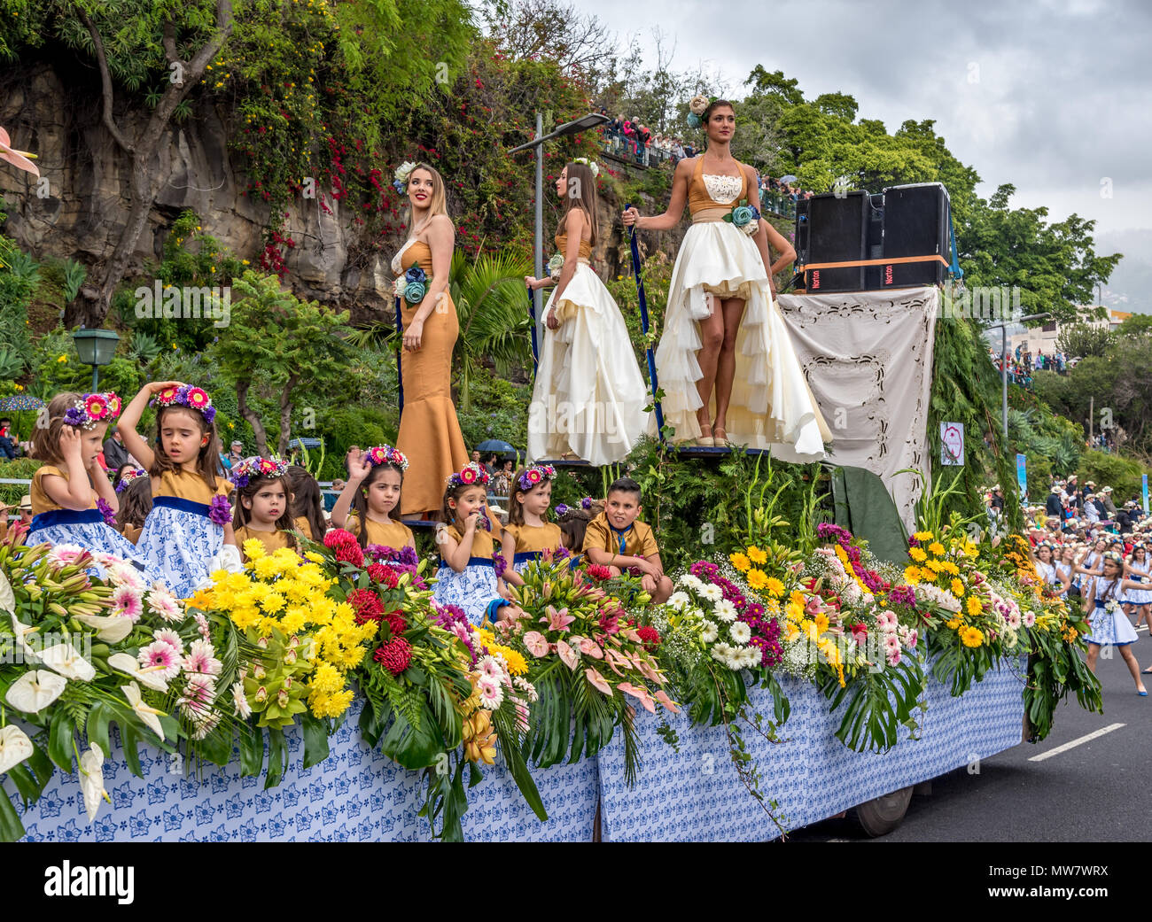 Festival float during the main Madeira Flower Festival parade Stock Photo