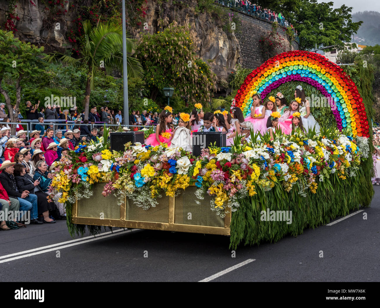 Festival float during the main Madeira Flower Festival parade Stock