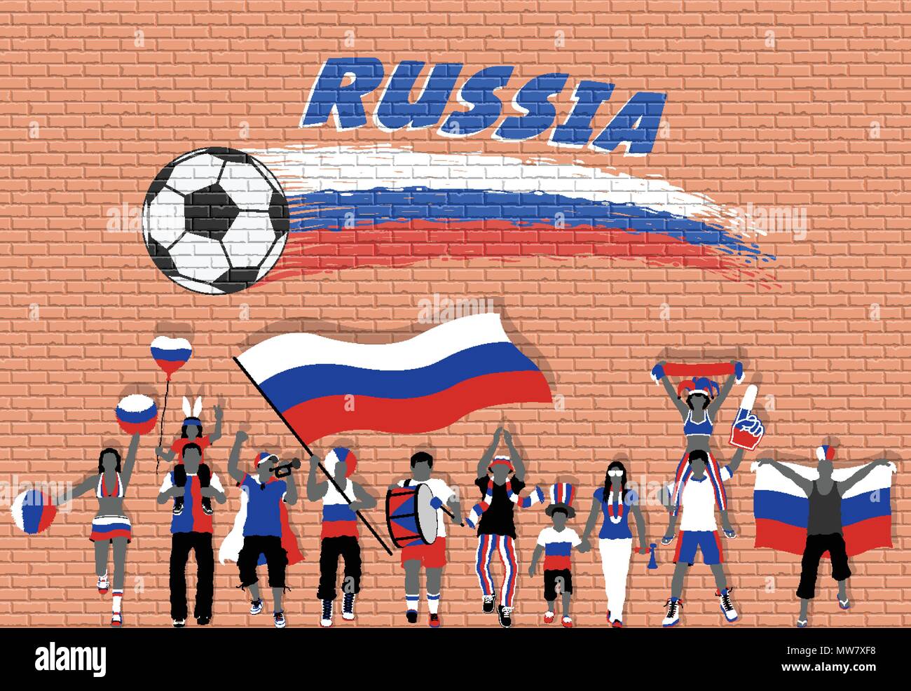 Russian football fans cheering with Russia flag colors in front of