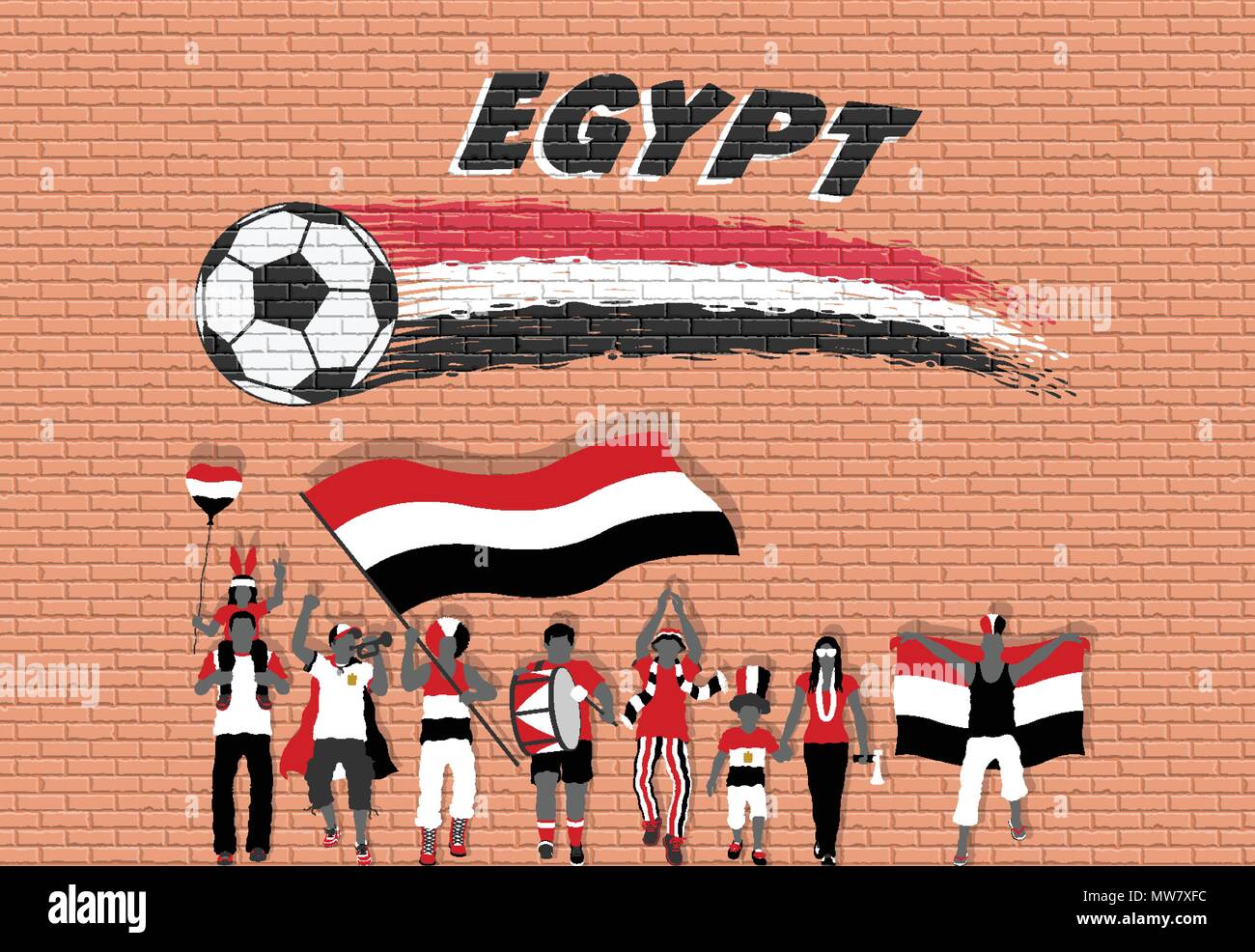 Egyptian football fans cheering with Egypt flag colors in front of soccer ball graffiti. All the objects are in different layers and the text types do Stock Vector