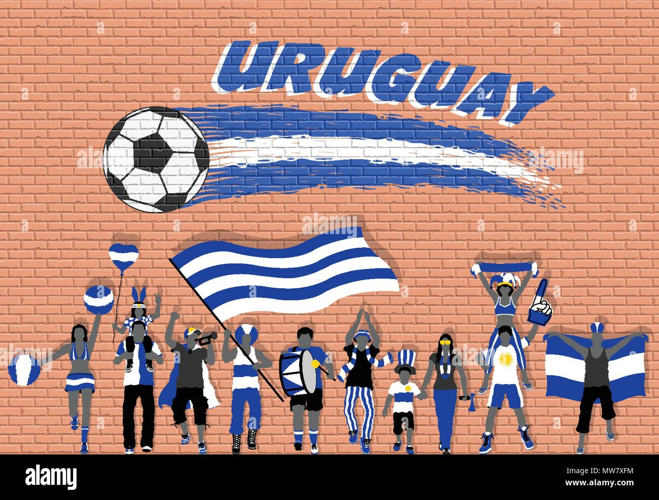 Uruguay football fans cheering with Uruguay flag colors in front of