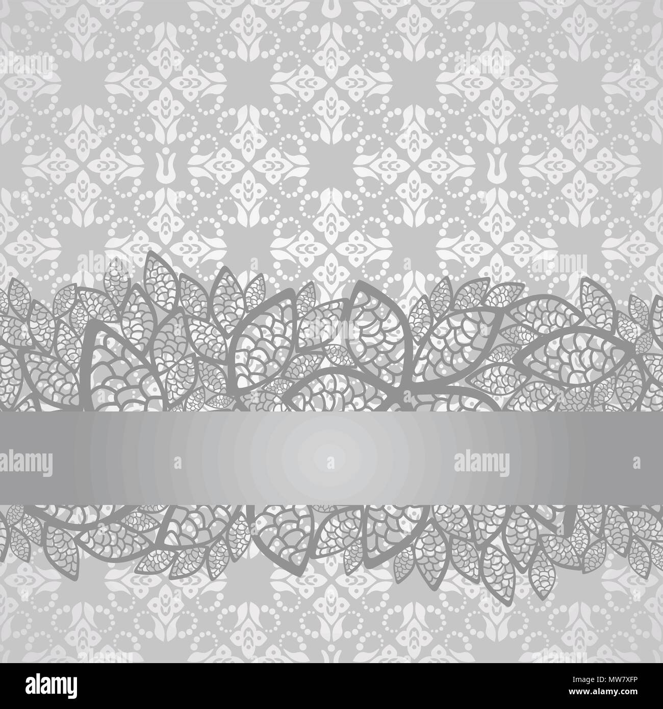 Silver lace border on floral silver wallpaper. This image is a vector