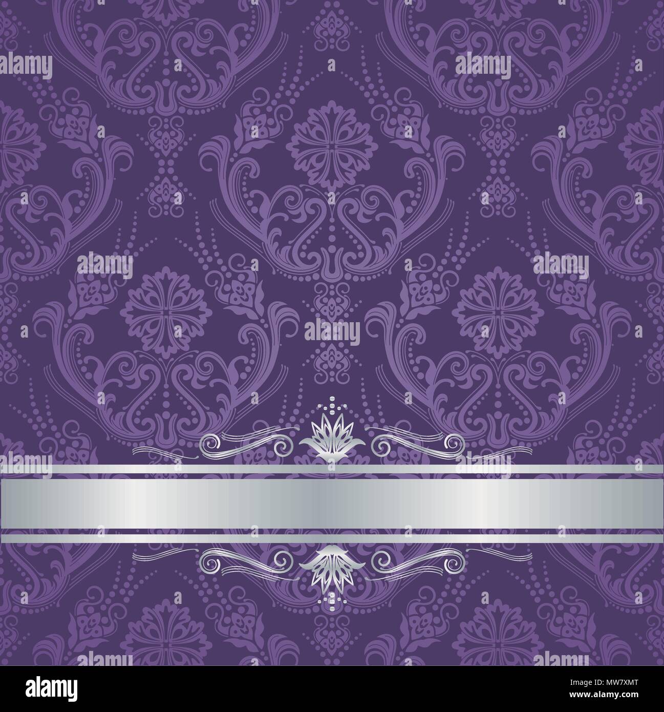 Luxury purple victorian style floral damask wallpaper cover with silver border. This image is a vector illustration. Stock Vector