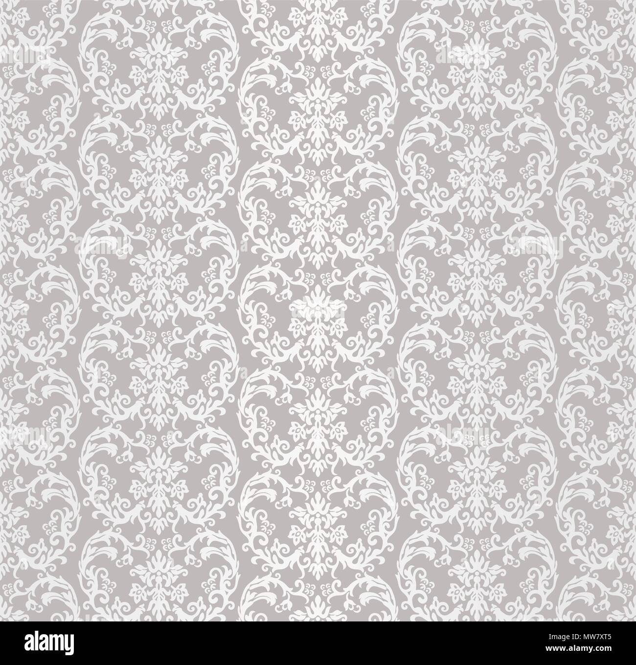 Silver seamless victorian style floral wallpaper pattern. This image is a vector illustration. Stock Vector